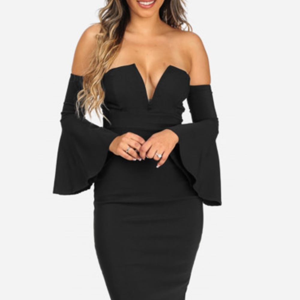 Black Off Shoulder Bell Sleeve Dress